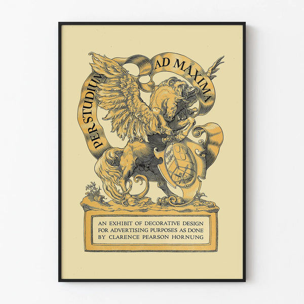 Artistic poster Per Studium Ad Maxima with winged horse and coat of arms