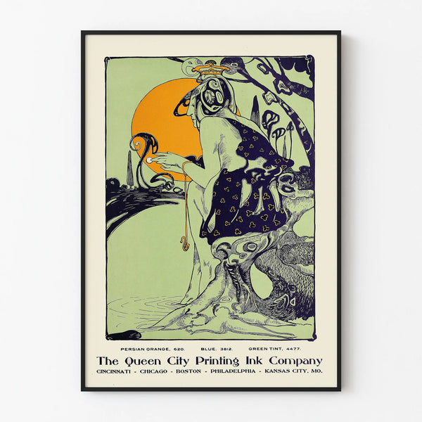 Vintage poster of Queen City Printing Ink Company in shades of orange, blue, and green