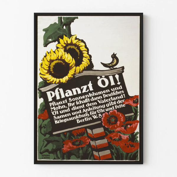 Vintage decorative poster with sunflowers and poppies
