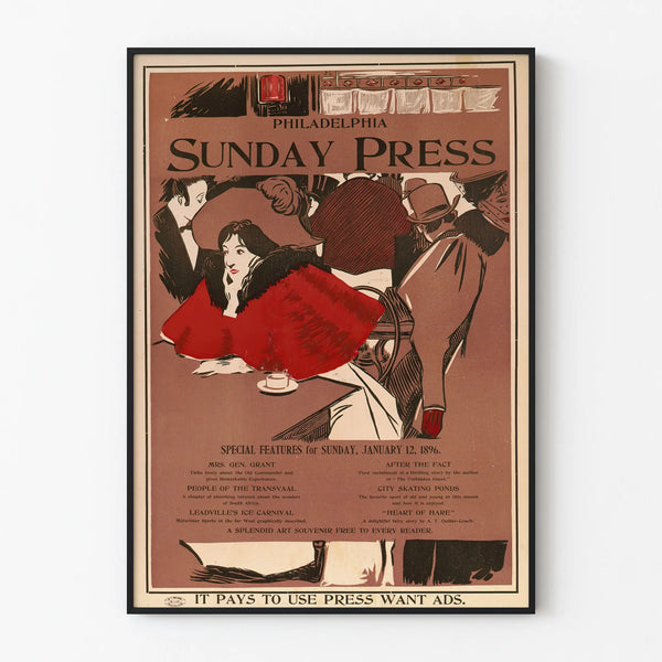 Vintage Philadelphia Sunday Press 1896 Poster for Wall Decoration