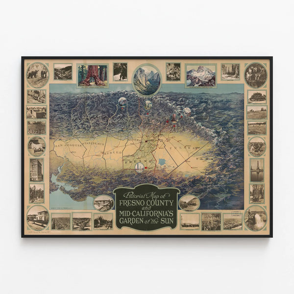 Picture Map Poster of Fresno County and the Central California Sun Garden — framed artwork on a wall