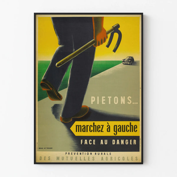 Vintage pedestrian safety poster: Walk on the left facing danger