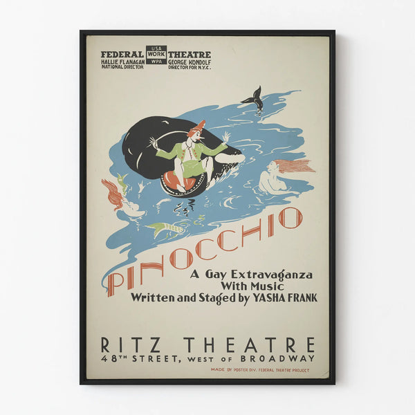 Vintage decorative poster Pinocchio with mermaids and whale