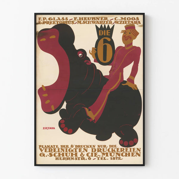 Vintage poster Die 6 with hippopotamus and colorful character