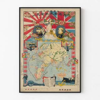 Antique poster of an allegorical world map Japan-UK naval alliance