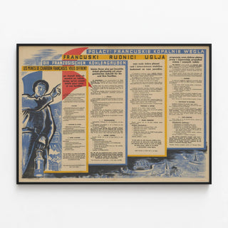 Vintage trilingual poster: employment in French coal mines — framed artwork on a wall