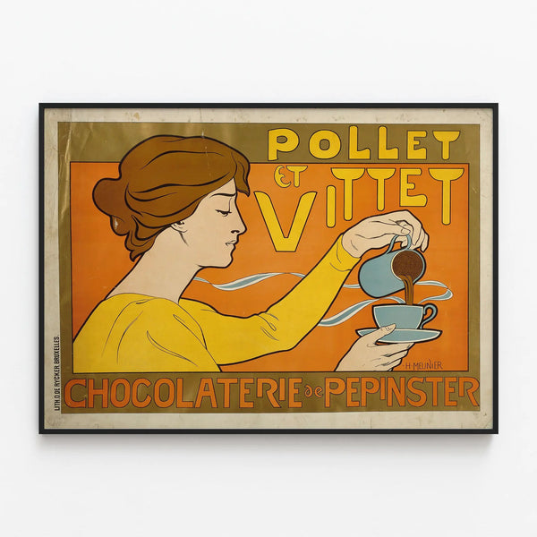 Vintage Poster for Pollet and Vittet Chocolate Factory of Pépinster — framed artwork on a wall