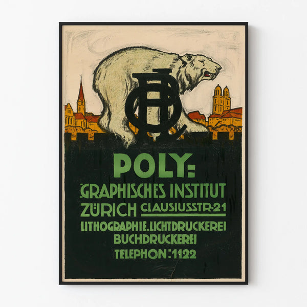 Vintage poster of the Polygraphic Institute Zurich with bear and urban landscape