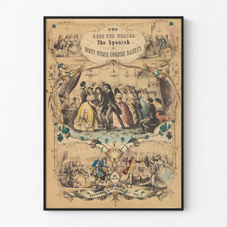 Vintage poster of traditional dance Pop Goes The Weasel and other rural dances