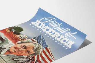 Portrait of America poster with American flag and historic landscape