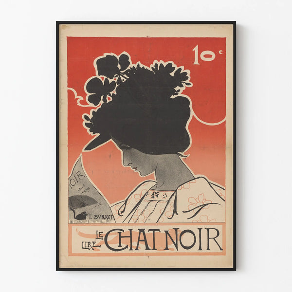 Vintage poster of Le Chat Noir with a feminine silhouette and a floral hat