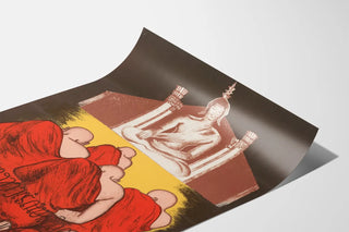 Decorative poster of praying monks and Buddha statue