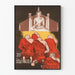 Decorative poster of praying monks and Buddha statue