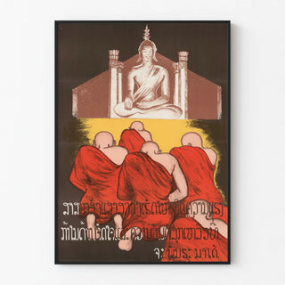 Decorative poster of praying monks and Buddha statue