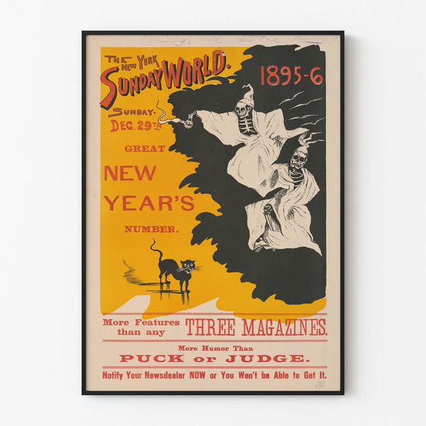 Vintage New York Sunday World poster with skeletons and black cat