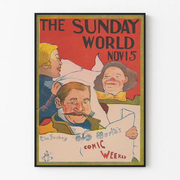 Vintage Poster The Sunday World, Newspaper Reading Illustration