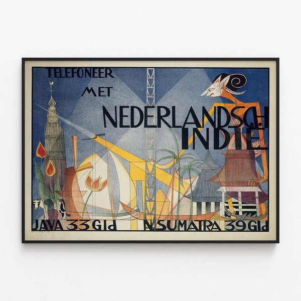 Vintage poster of the Telephone with the Dutch Indies — framed artwork on a wall