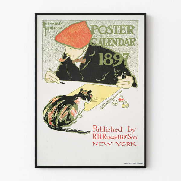 Vintage decorative poster calendar 1897 with artist and cat