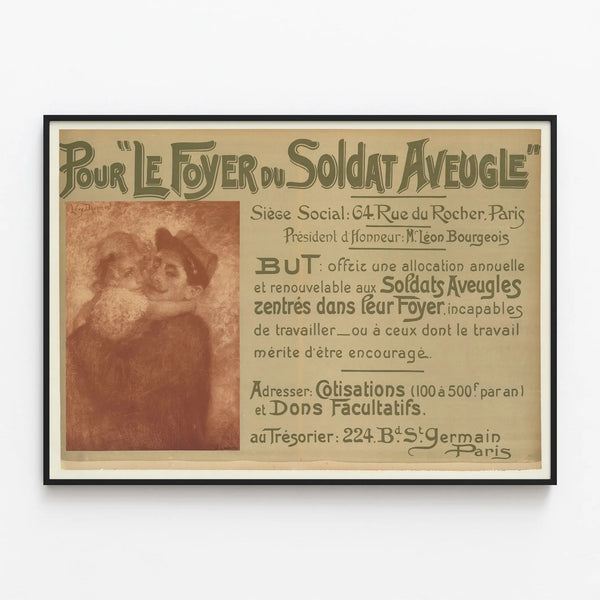 Vintage poster for the blind soldier's home, historical wall decoration — framed artwork on a wall