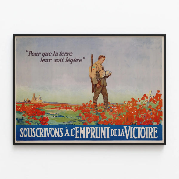 Vintage poster of a soldier and poppies for victory loan — framed artwork on a wall
