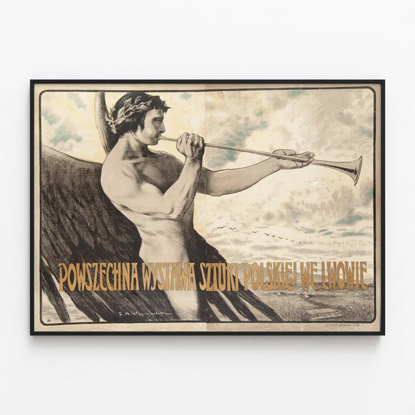 Vintage poster for Polish art exhibition in Lwów — framed artwork on a wall