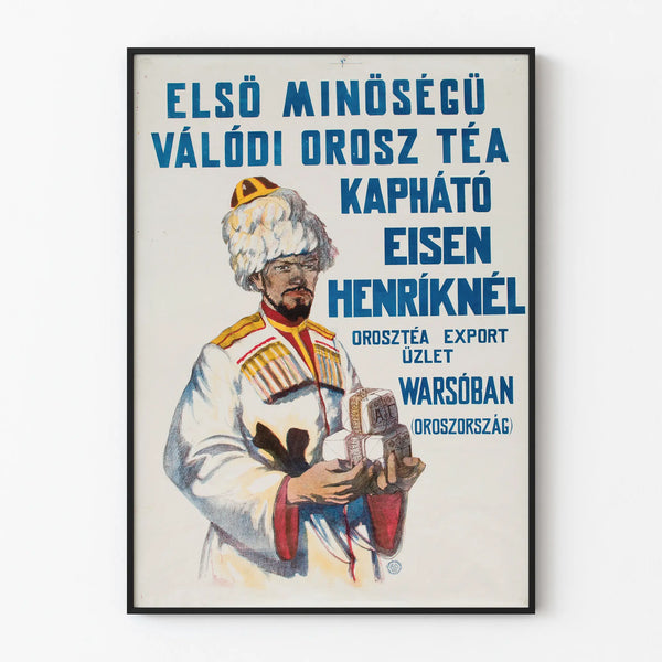 Vintage Poster of a Russian Dog depicting a man in traditional costume with tea