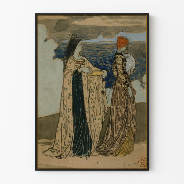 Decorative poster of a princess and court lady in medieval attire