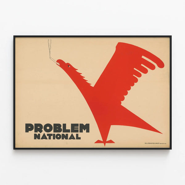 Vintage poster of the Problem National with a smoking red bird — framed artwork on a wall