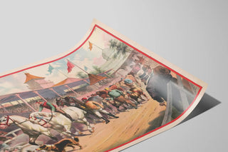 Vintage poster of a procession of horses, sheep, and cows on a racecourse — artwork view