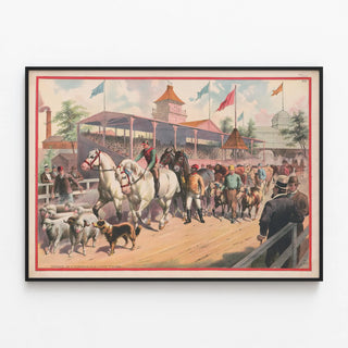 Vintage poster of a procession of horses, sheep, and cows on a racecourse — framed artwork on a wall