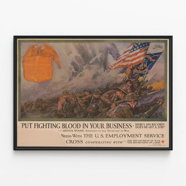 Vintage War Poster - Put Fighting Blood In Your Business — framed artwork on a wall