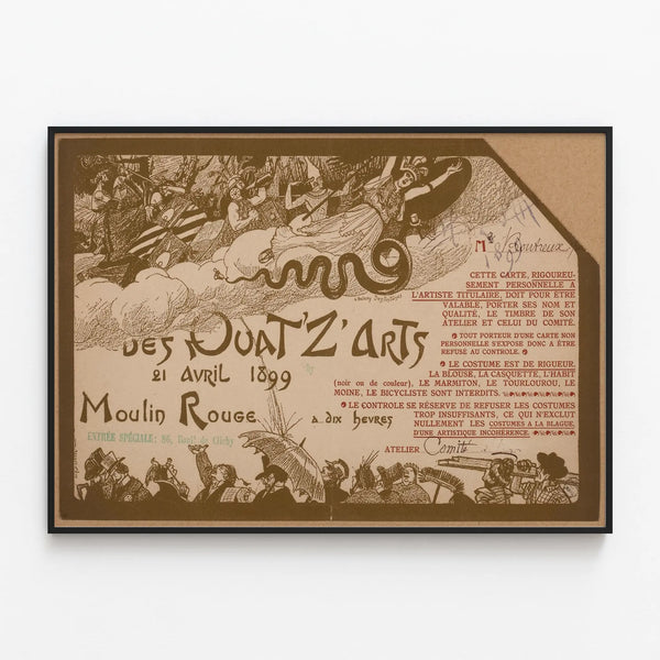 Vintage Poster Quatz'arts at the Moulin Rouge 1899 — framed artwork on a wall