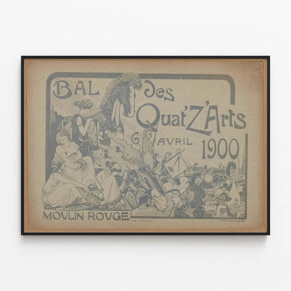Poster of the Quai d'Arts Ball at the Moulin Rouge 1900 — framed artwork on a wall