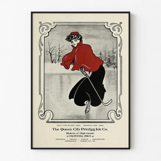 Vintage skating poster in Queen City Half-Tone Black and Oriental Red ink