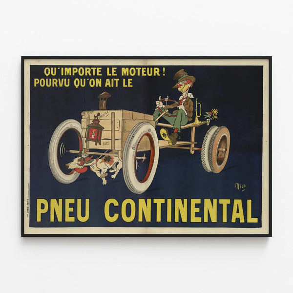 Vintage advertising poster for Continental tires — framed artwork on a wall