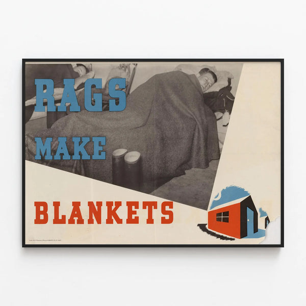 Vintage poster Rags Make Blankets for wall decoration — framed artwork on a wall
