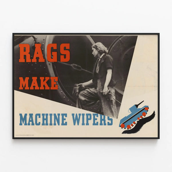 Vintage Industrial Poster Rags Make Machine Wipers — framed artwork on a wall