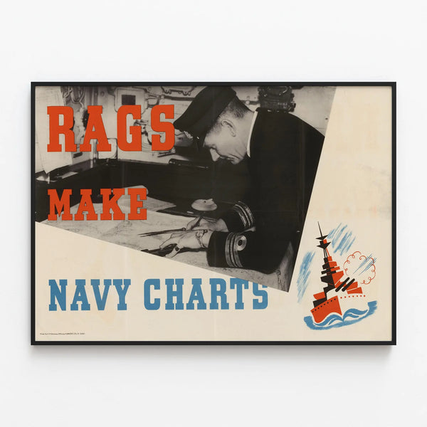 Vintage Poster Rags Make Navy Charts – Marine Wall Decoration — framed artwork on a wall