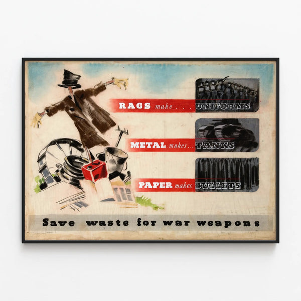 Poster on Waste Recovery and Management for the War Effort — framed artwork on a wall