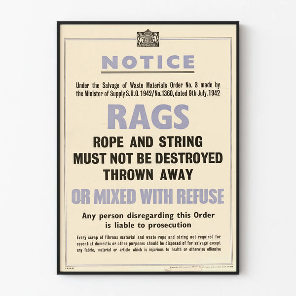 Vintage Poster Notice Rags 1942