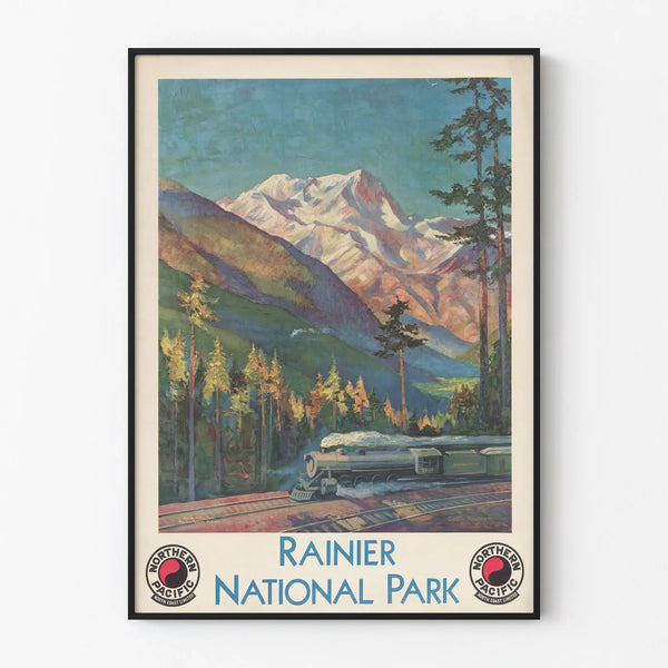 Vintage Rainier National Park Poster with Northern Pacific Train