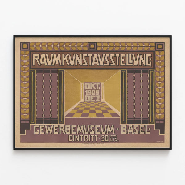Vintage poster for the art space exhibition at the Gewerbemuseum in Basel 1909 — framed artwork on a wall