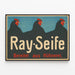 Vintage poster Ray Seife with black hens on a blue background — framed artwork on a wall