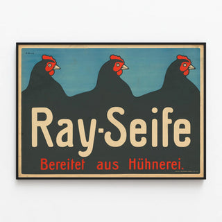 Vintage poster Ray Seife with black hens on a blue background — framed artwork on a wall
