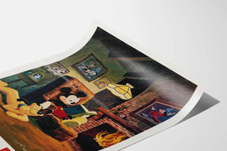Mickey Mouse wall decoration poster reading by the fireplace