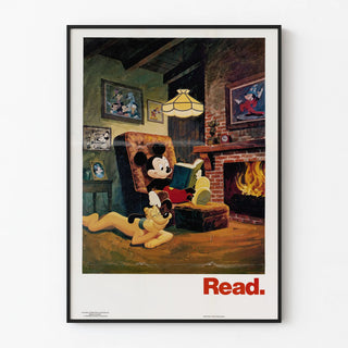 Mickey Mouse wall decoration poster reading by the fireplace