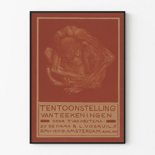 Vintage poster of a drawing exhibition with a curled-up monkey