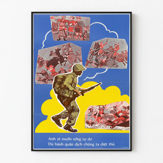 Vintage military recruitment poster with soldier in action