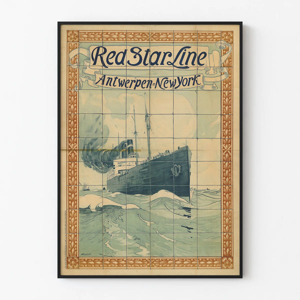 Vintage poster of Red Star Line Antwerp-New York with decorative tiles