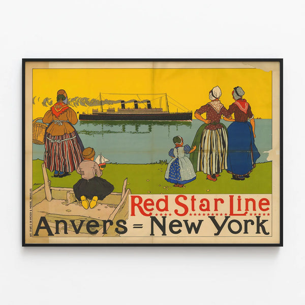 Vintage Red Star Line Antwerp New York - Wall Decoration Poster — framed artwork on a wall